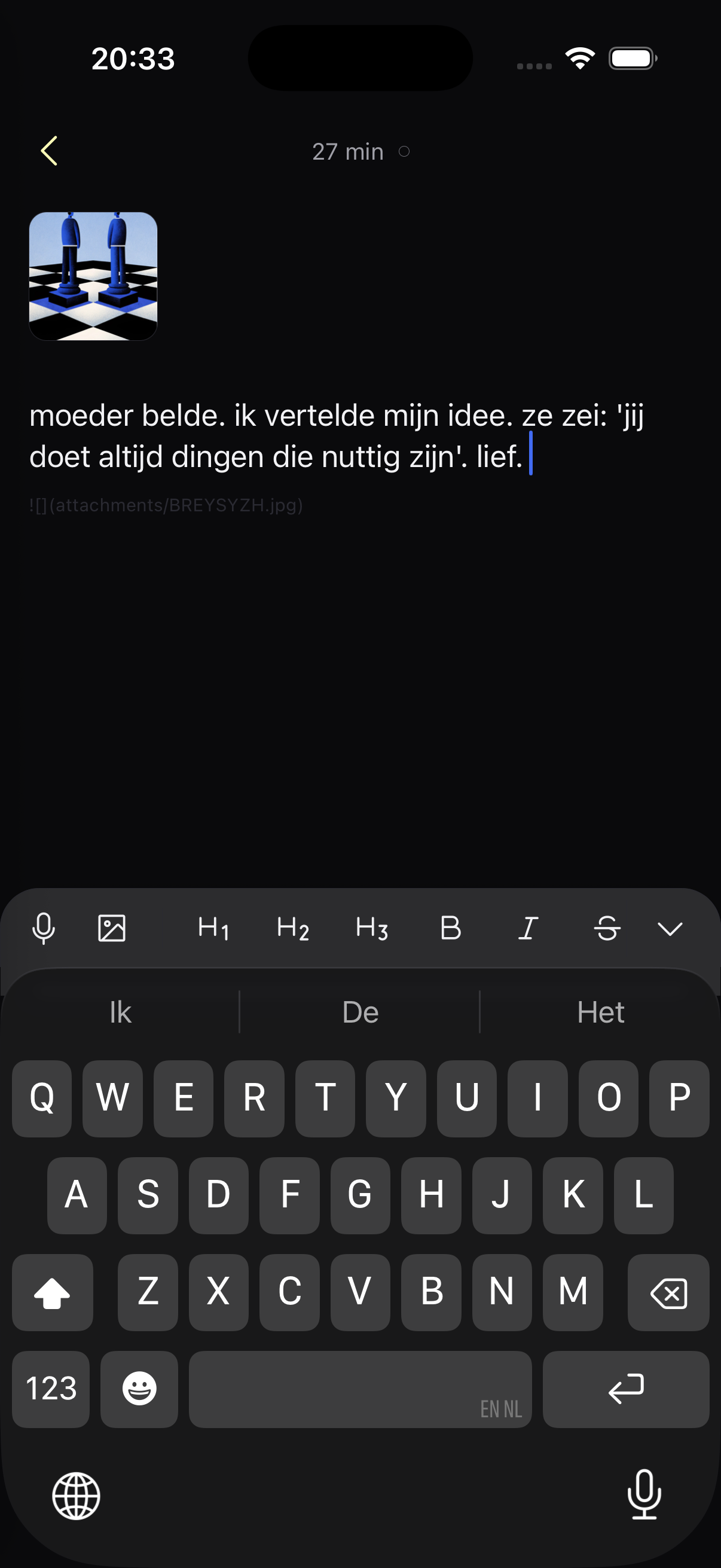 Packlet — Notitie geopend in editor, met markdown-toolbar boven toetsenbord