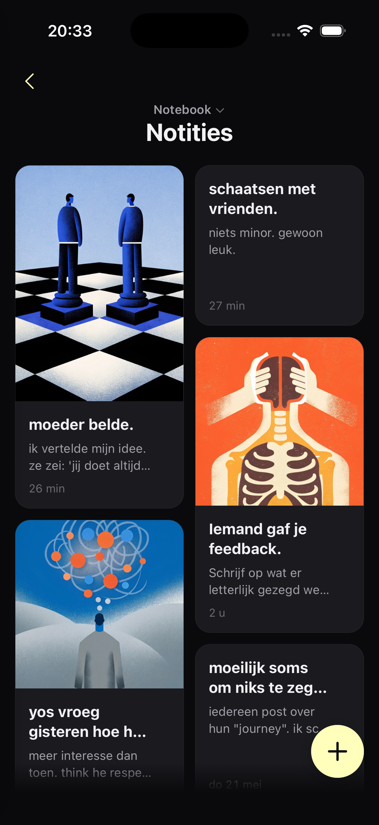 Packlet — Notities grid met masonry-cards en cover-illustraties